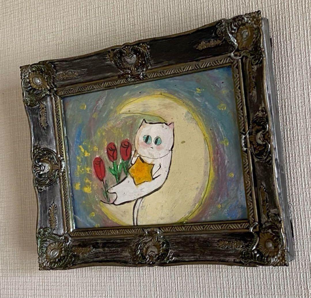 絵画。原画【月の白い猫に美しいバラを三本植えました】