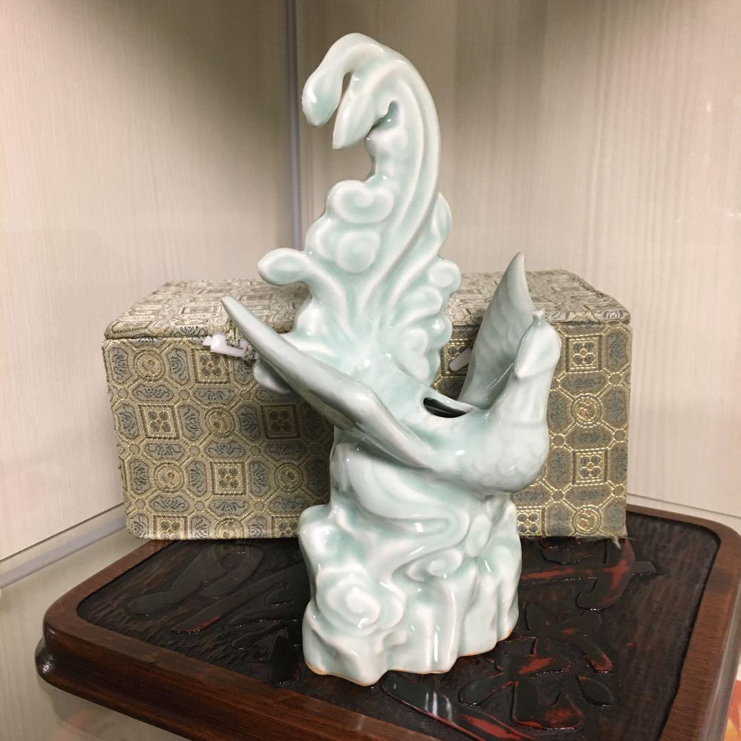 箱付き　中国龍泉窯　青磁　鳳凰　一輪挿し　花器　花瓶　オブジェ　インテリア