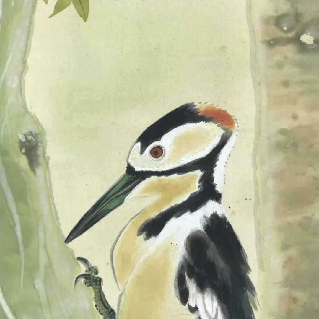 【真作】華章/キツツキ図/鳥図/花鳥図/掛軸/名家伝来/AD-261