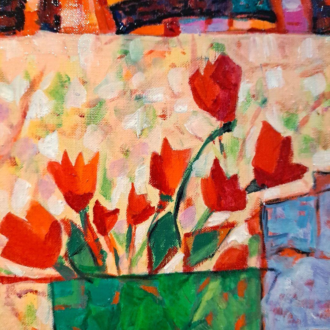 キャンバス油絵 　いとを　お花とビンとカップのあるテーブル　おしゃれ静物画