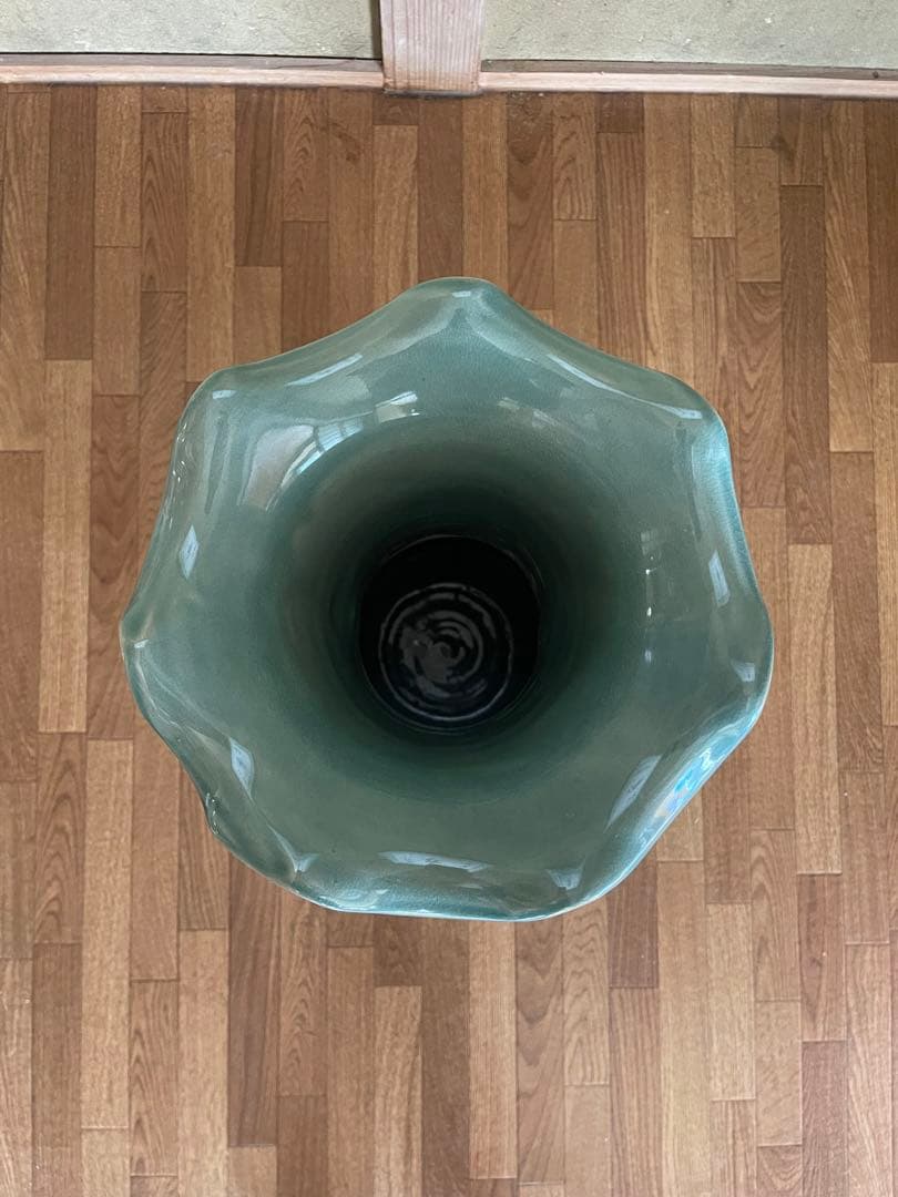 【じいちゃんのコレクション】青緑色 陶器 花瓶 透かし彫り ドラゴンの取っ手