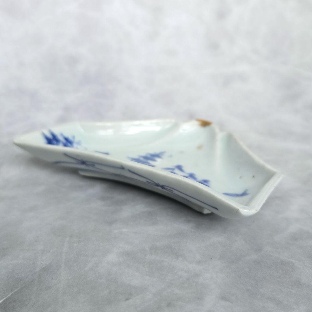 古伊万里　染付　変形小皿　富士山　江戸時代　三重の塔　骨董　金継ぎ　アンティーク