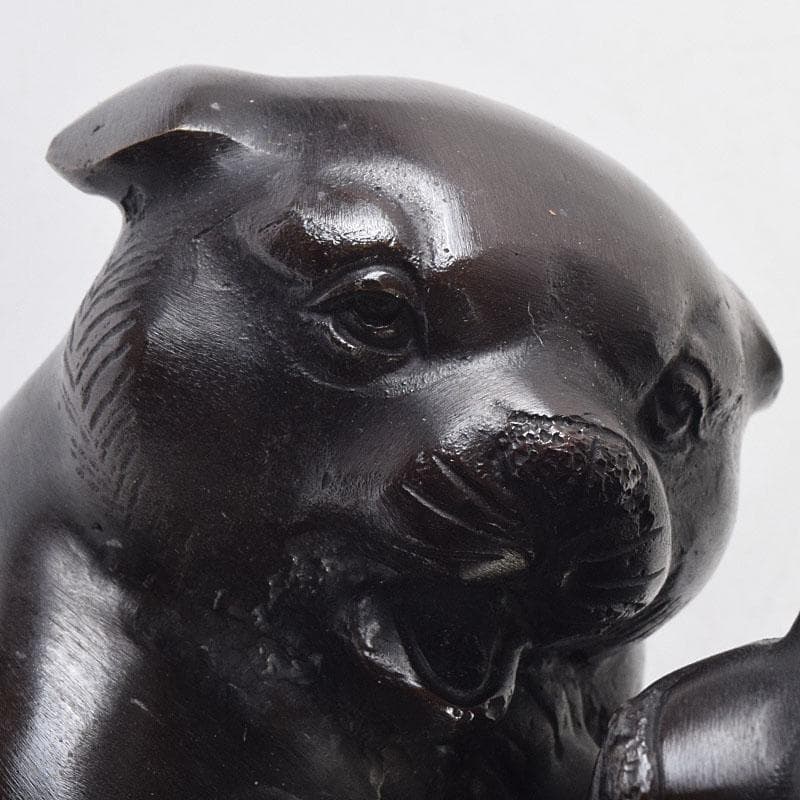 金工師　秀山作　鋳銅　戯れる子犬　置物　共箱　M　R9214