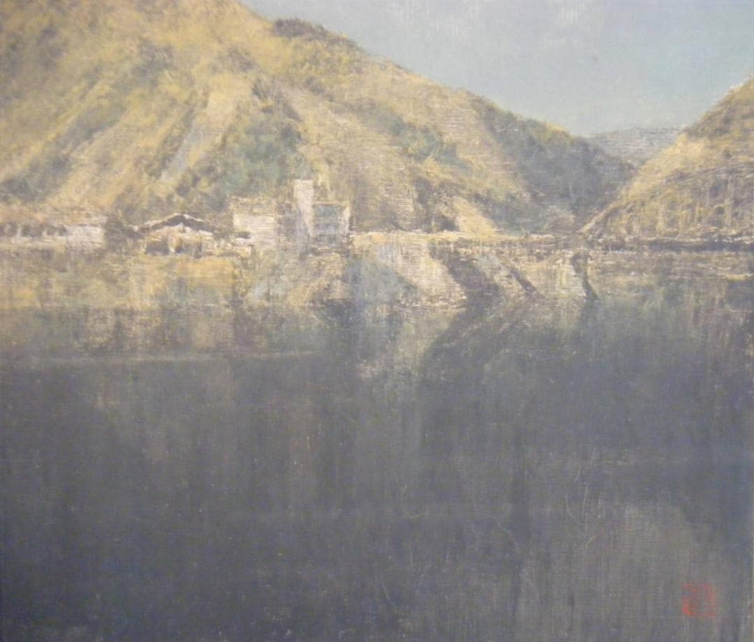 【真作】絵画　本荘赳　油彩10号　丹沢湖　春陽会　美情景　名品　O186