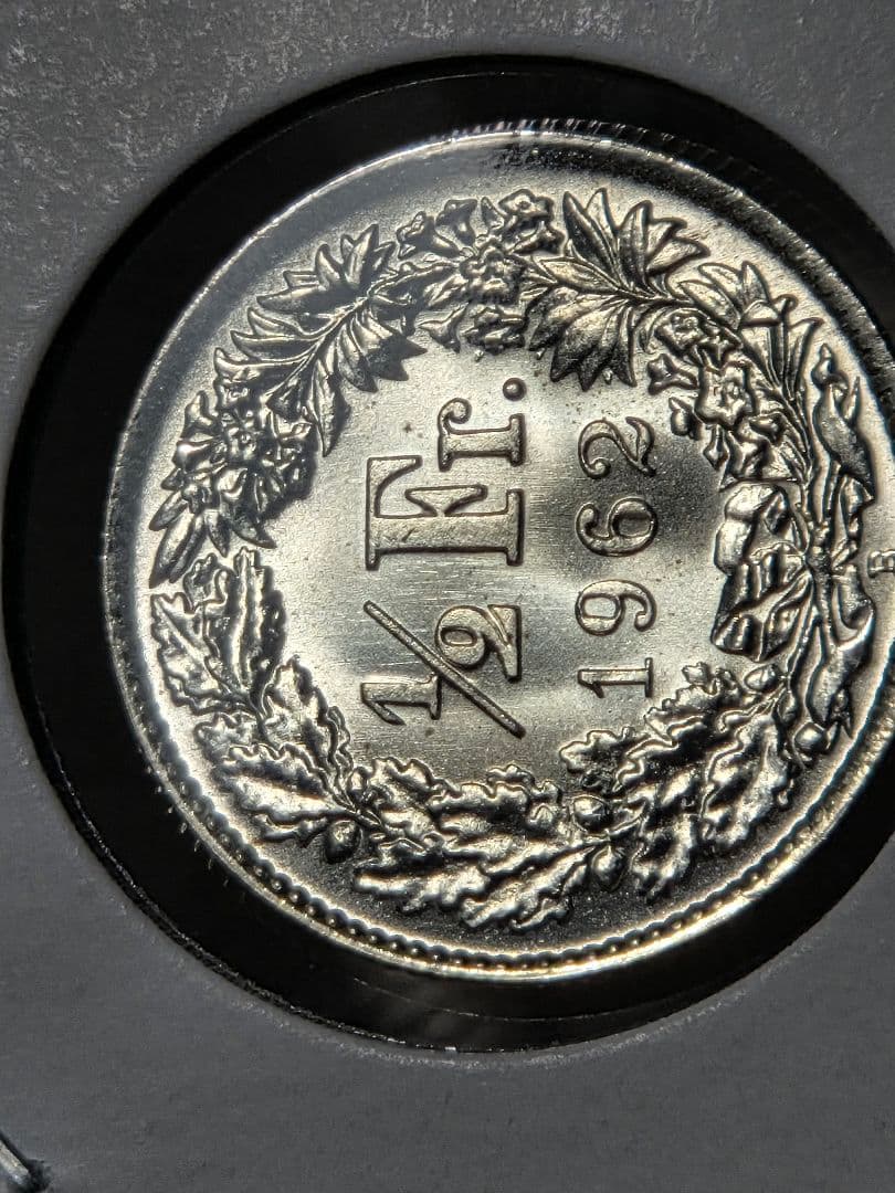 (稀少 完全未使用)スイス連邦　ヘルヴェティア立像　1/2フラン銀貨　1962B
