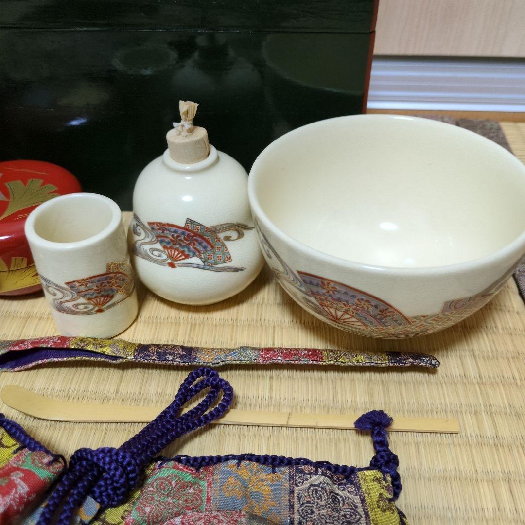 野点　茶道具セット 木製箱 茶器 茶碗等　深緑　青面朱　セット