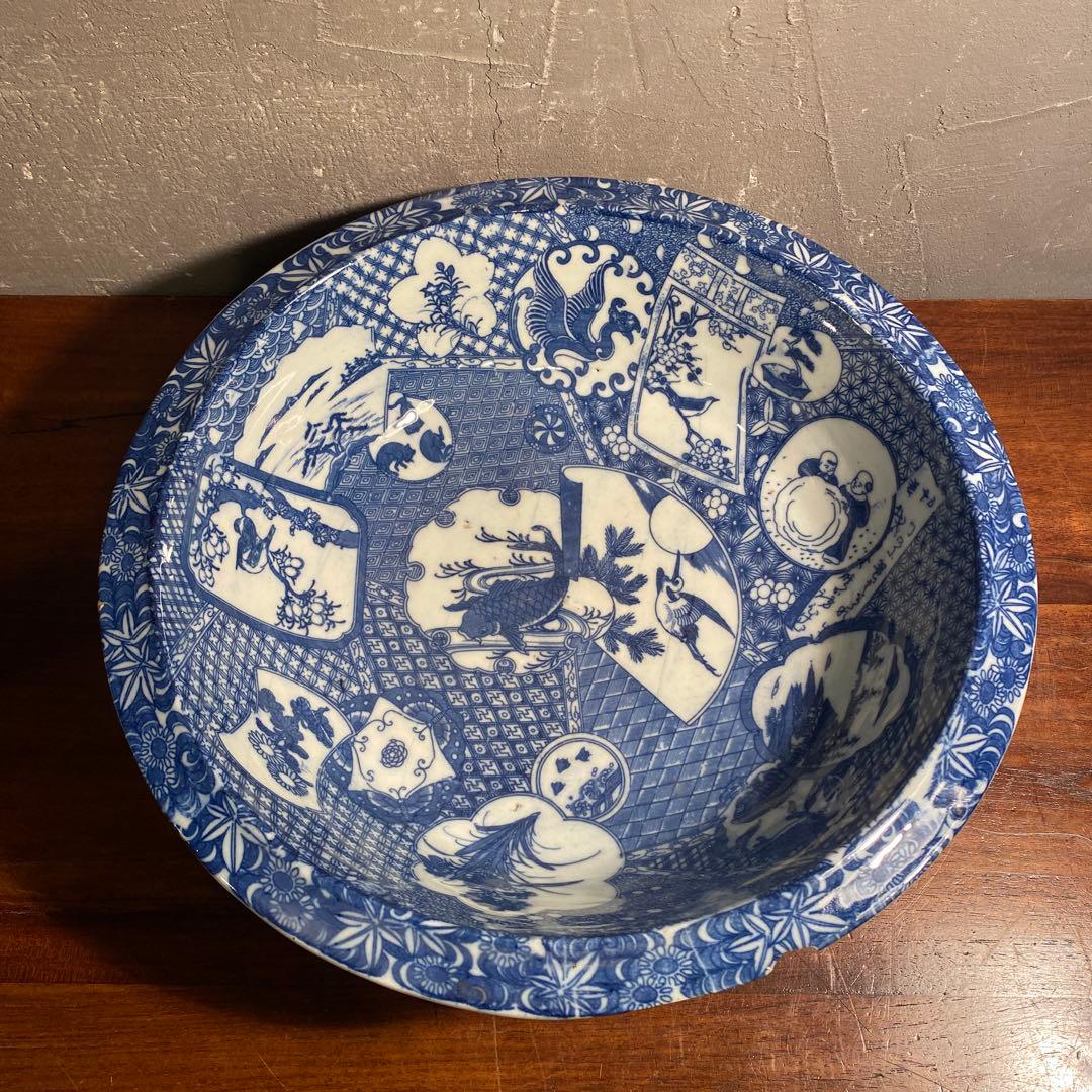 時代物 骨董品 印判大鉢 30cm 図変わり 鯉 うさぎ 蛇目高台 コレクション