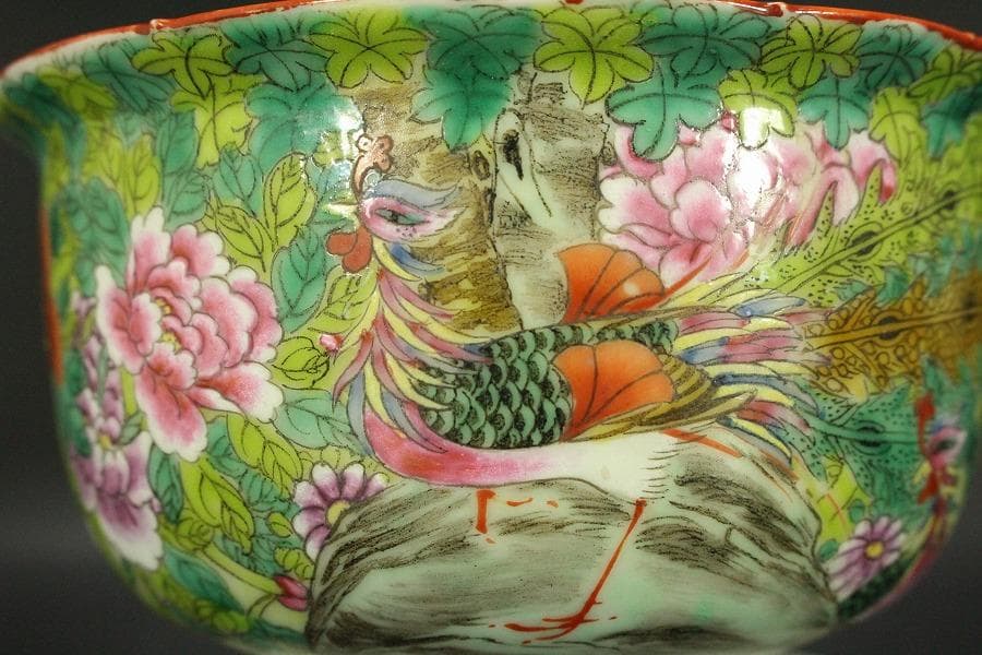 中国美術 粉彩 花鳥紋 珊瑚釉 遊高台 洗 φ14cm 光緒年製(LC255)