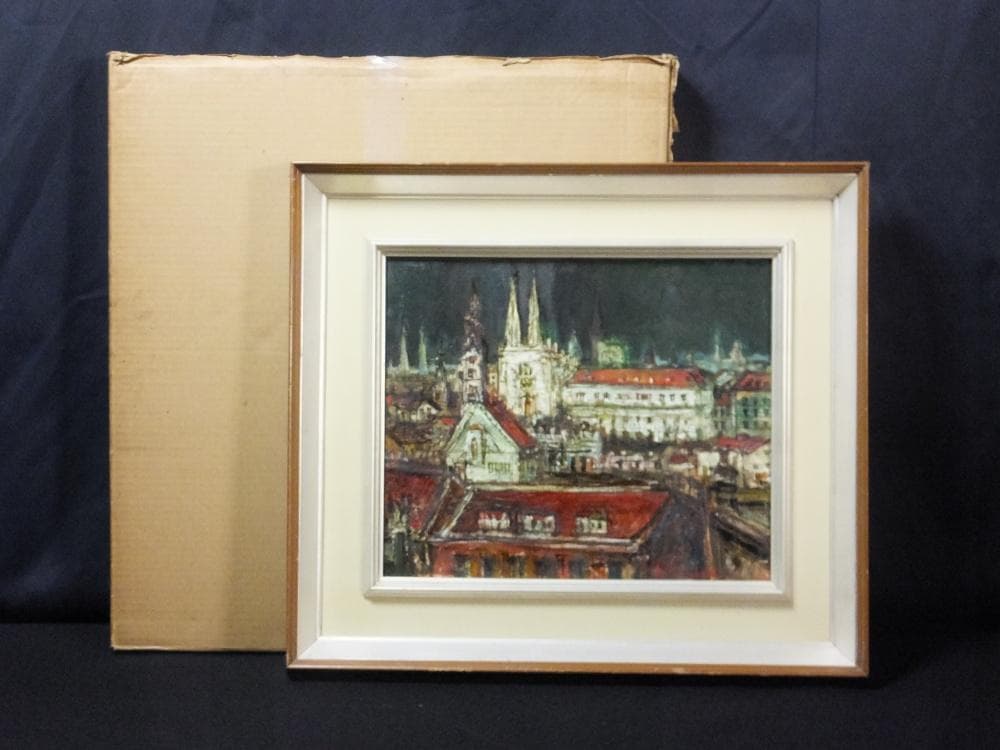 三觜正之　直筆サイン『街 ザグレブ市（ユーゴ）』油彩 8号 0313G