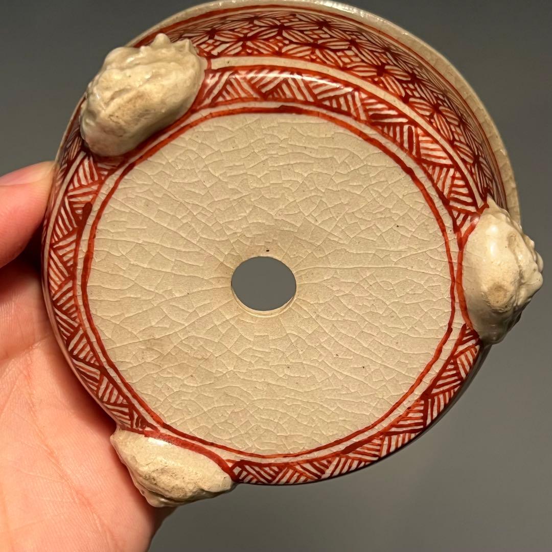 812.佐野大助 赤繪模様紋兽足丸 盆栽鉢 模木鉢 9.7*4cm