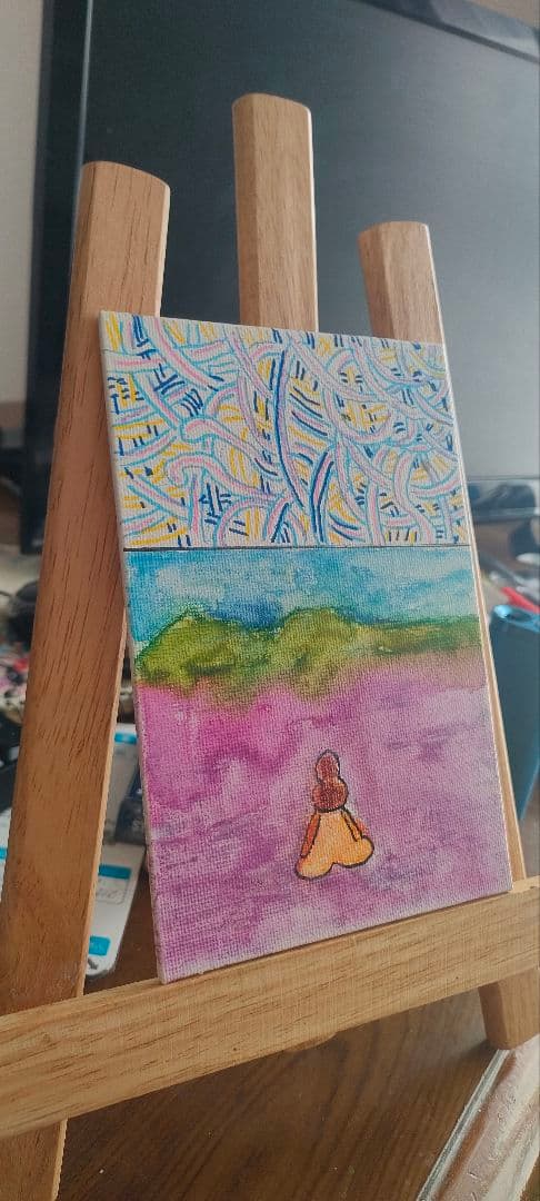 ドローイング瞑想少女#5ハガキサイズ アクリル画 幾何学模様と風景