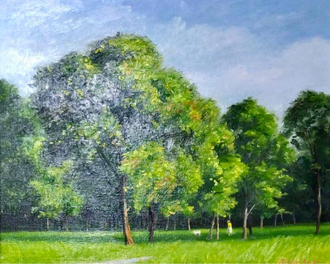 西谷之男 油彩「夏の林」額54×63cm 日展会友・白日会会員 タトウ箱付