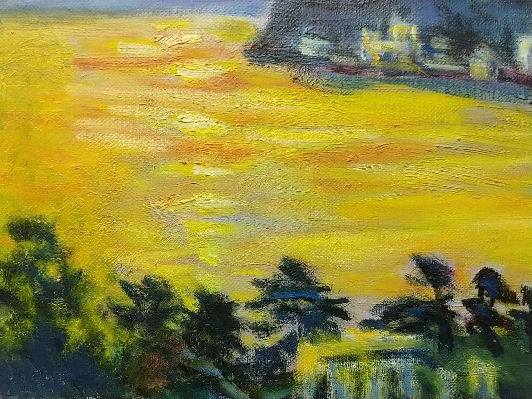 絵画「朝しずか」熱海 真作 F4 1984 油絵 油彩画 風景画 アート