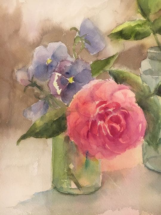 水彩画原画薔薇美しいイングリッシュローズ光と影⑧