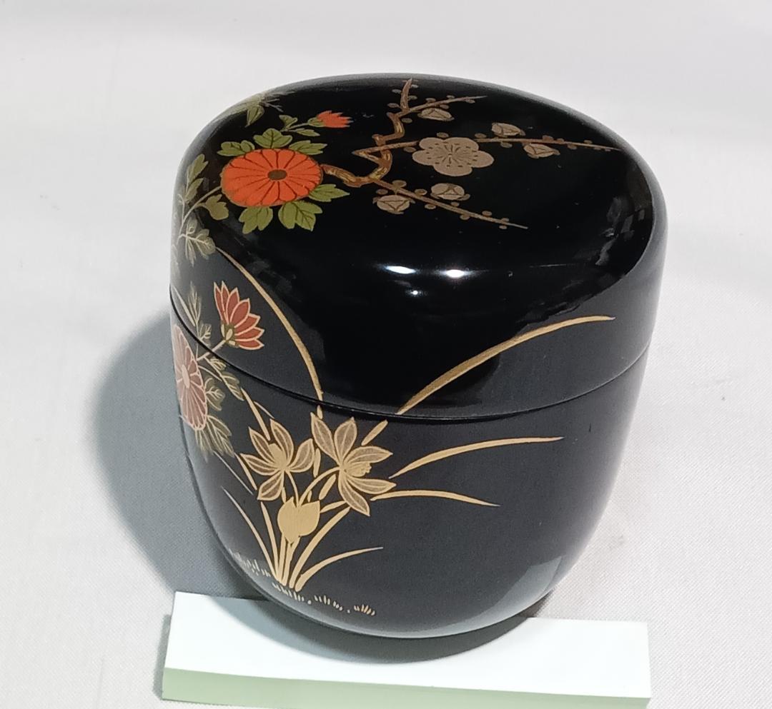 茶道具　黒漆塗大棗　蒔絵師　雅象作　黒漆塗四君子蒔絵大棗　美品！！
