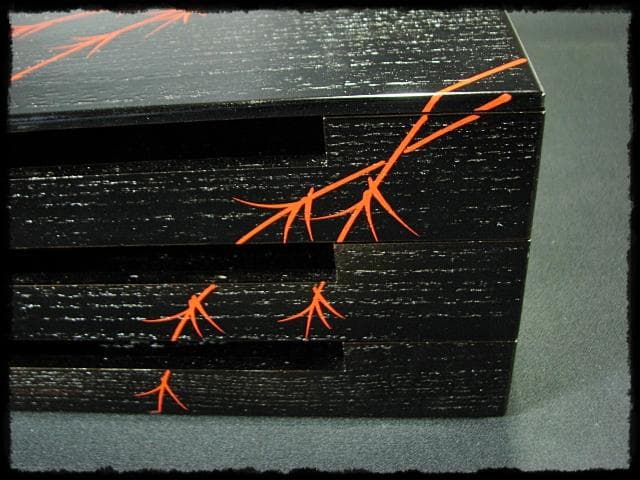 鵬雲斎好 田楽 菓子器 加州 賀峰 朱柳 掻合塗 三段重 裏千家茶道具 f301