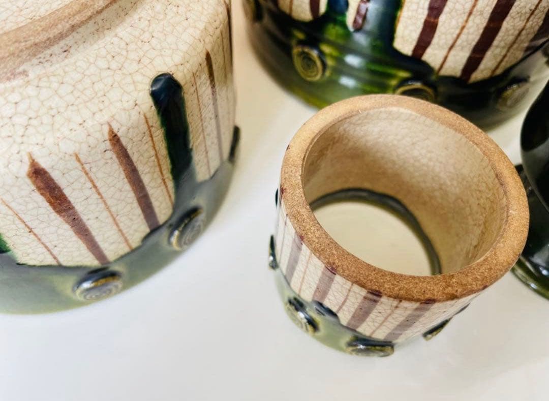 加藤六兵衛作★皆具　織部　水指　蓋置　建水　柄杓立　長谷元窯