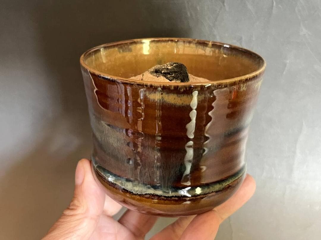 火入れ■高取【鬼丸碧山作】灰器 飴釉 共箱 お茶道具 古美術 時代物 骨董品■