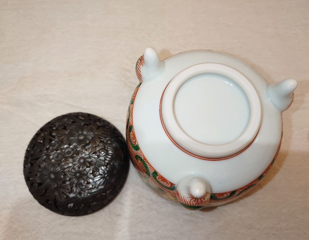 四代三浦竹泉 赤絵 香炉 純銀火屋 松興堂 金彩 四君子 アンティーク