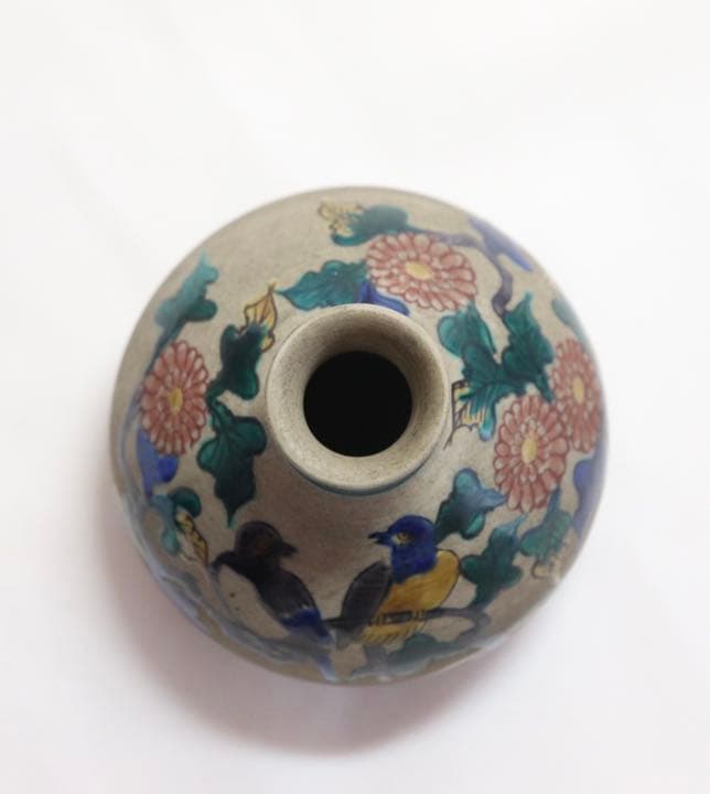 明治期　九谷焼　青手花生　アンティーク　共箱0806