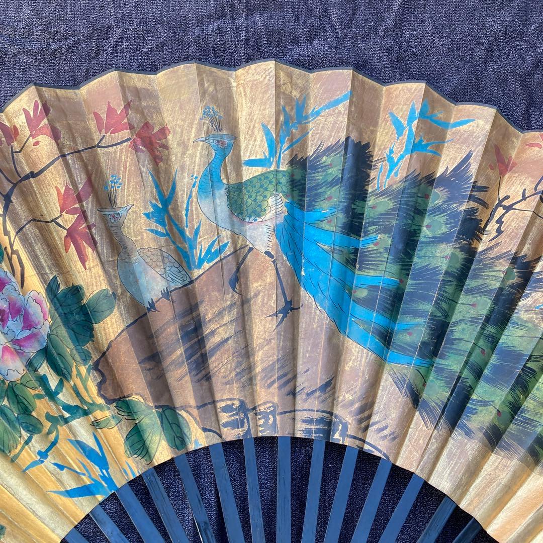 特大 ジャンボ 扇 孔雀絵 扇子 飾り物 レトロ 骨董