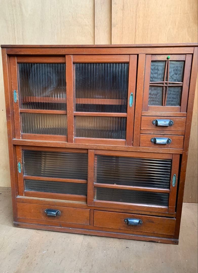 古い木全面モールガラス　収納陳列棚引き出し4杯　レトロ昭和ガラス古家具