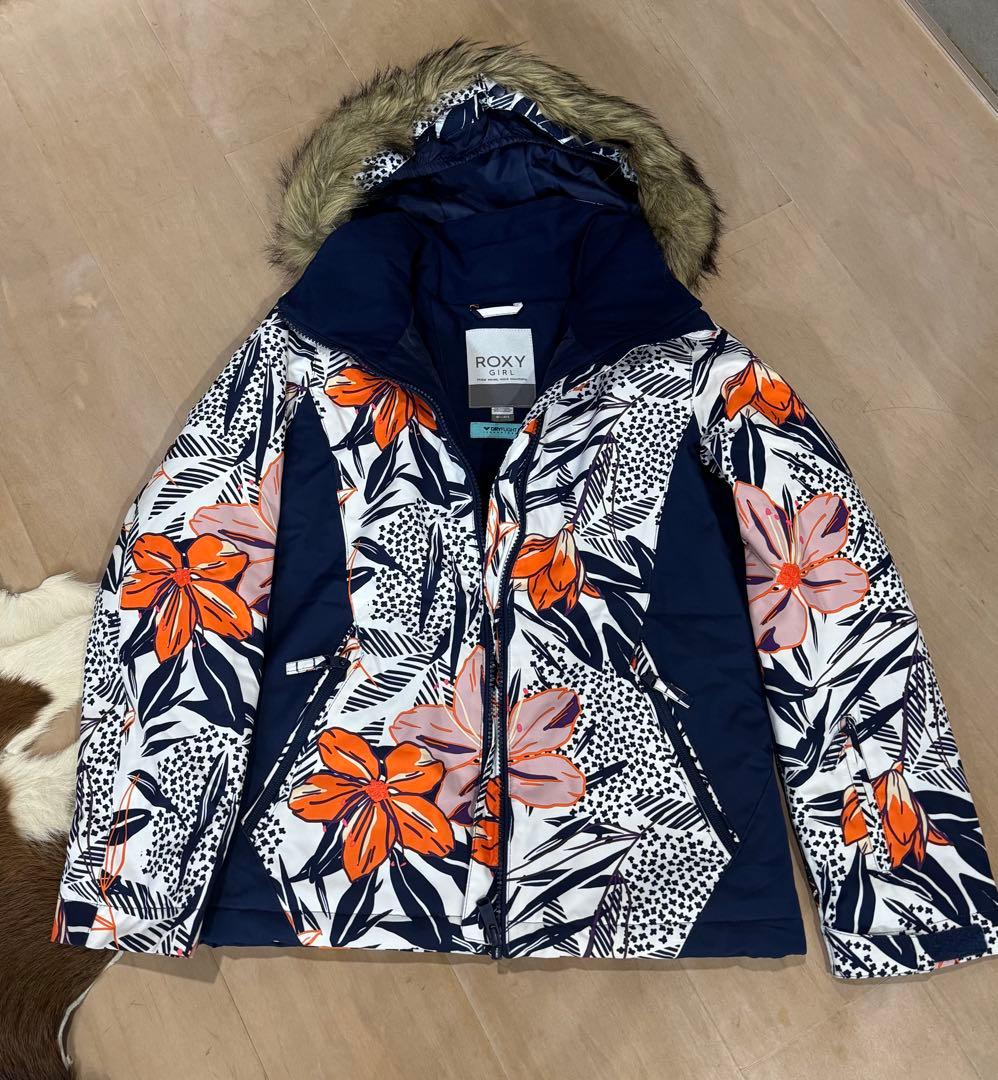 ★未使用ROXYスノージャケット150 トロピカル柄　ファー付き　スキー　スノボ
