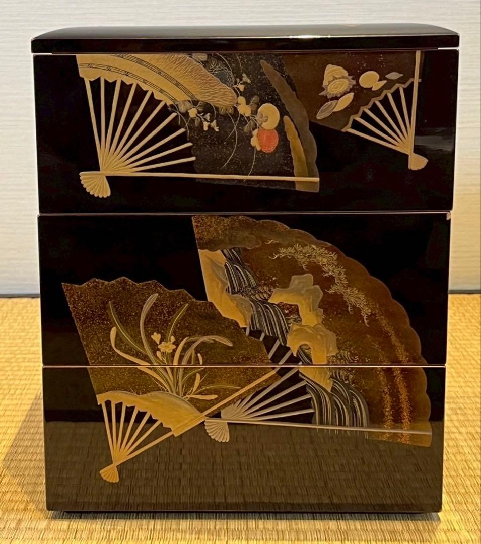 時代漆器 扇面金銀高蒔絵 三段重箱 / 加賀蒔絵 木製漆器 茶懐石道具