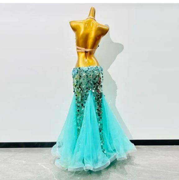 ベリーダンス　オリエンタル衣装　エメラルドブルー　人魚　発表会　スパンコール