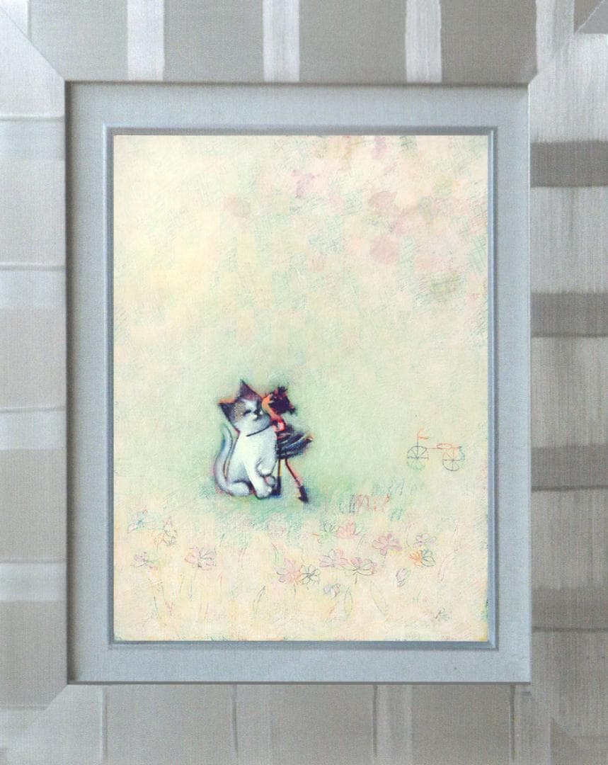 油絵菅家令子絵 絵画インテリア額付(青緑＋金色の枠)F3-051621子猫女の子