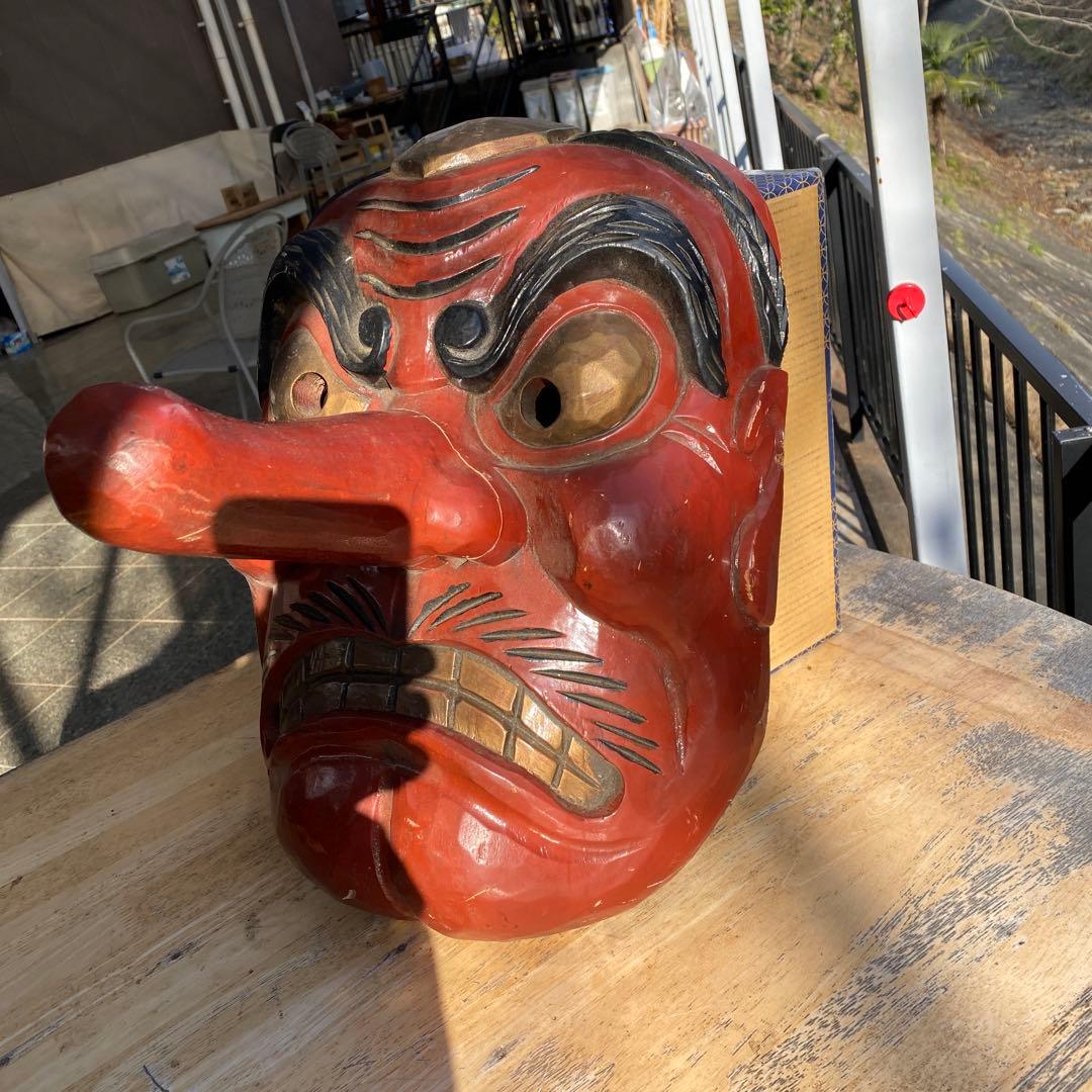 特大　木彫　天狗面　壁掛け　インテリア　横35x奥行34x縦48cm