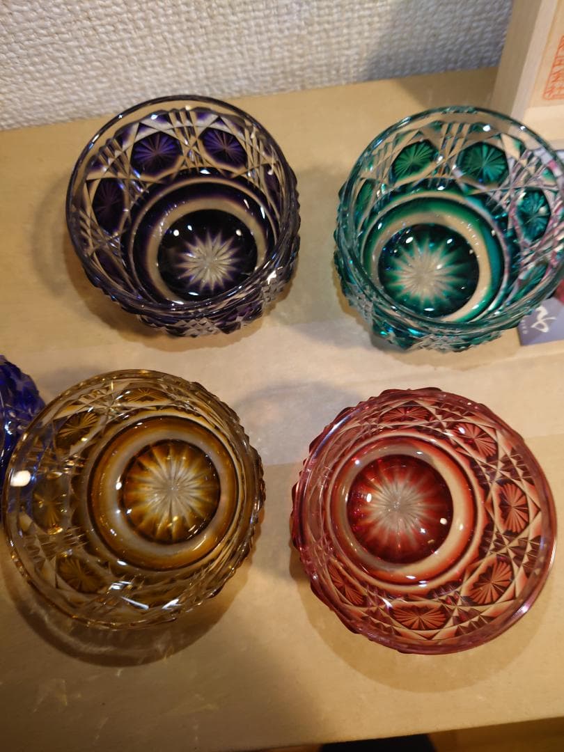 【未使用】薩摩切子　薩摩びーどろ工芸作　五色五客　色被せ　切子猪口