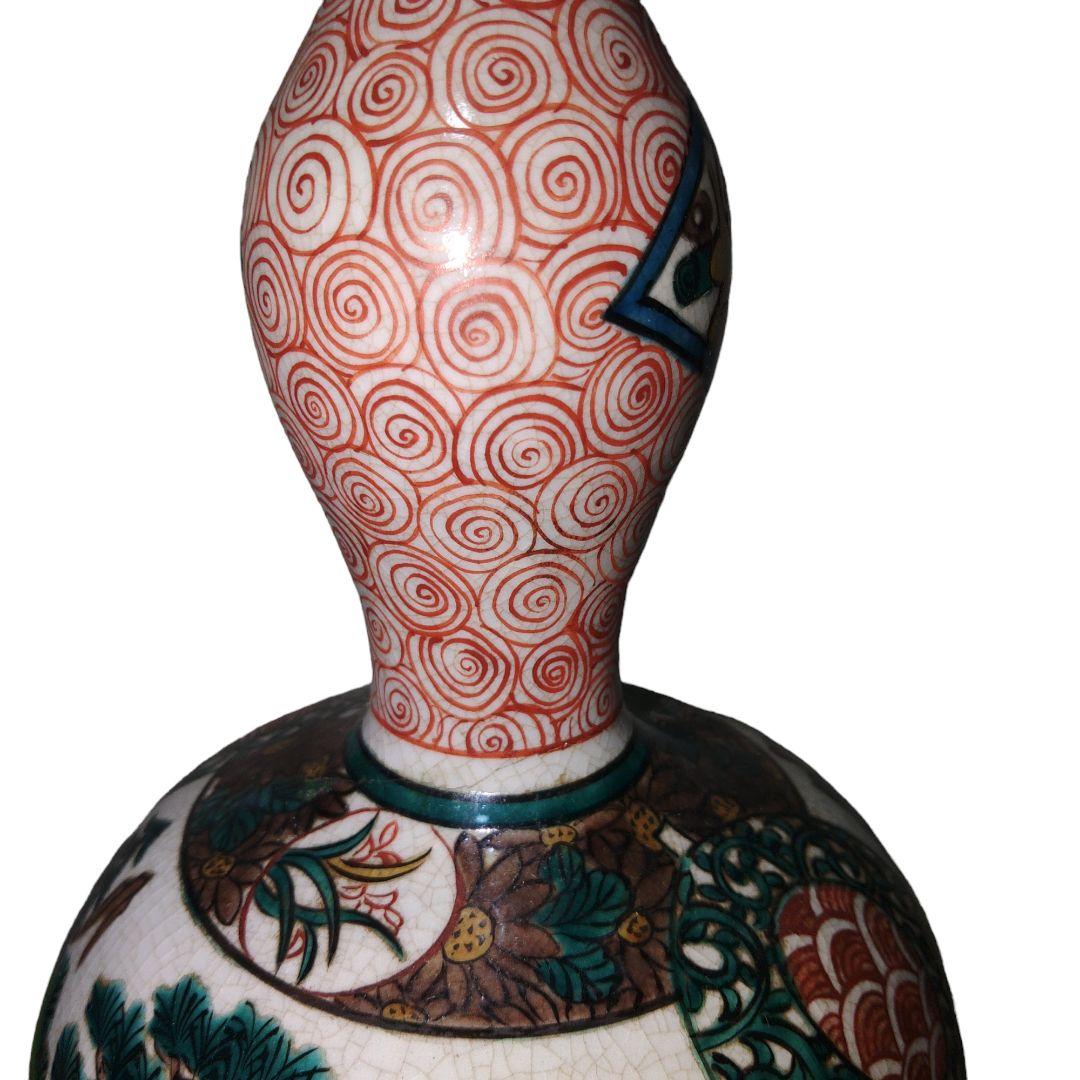 青手九谷焼　山水楼閣文瓢箪徳利　一輪差し　高さ28.5cm位