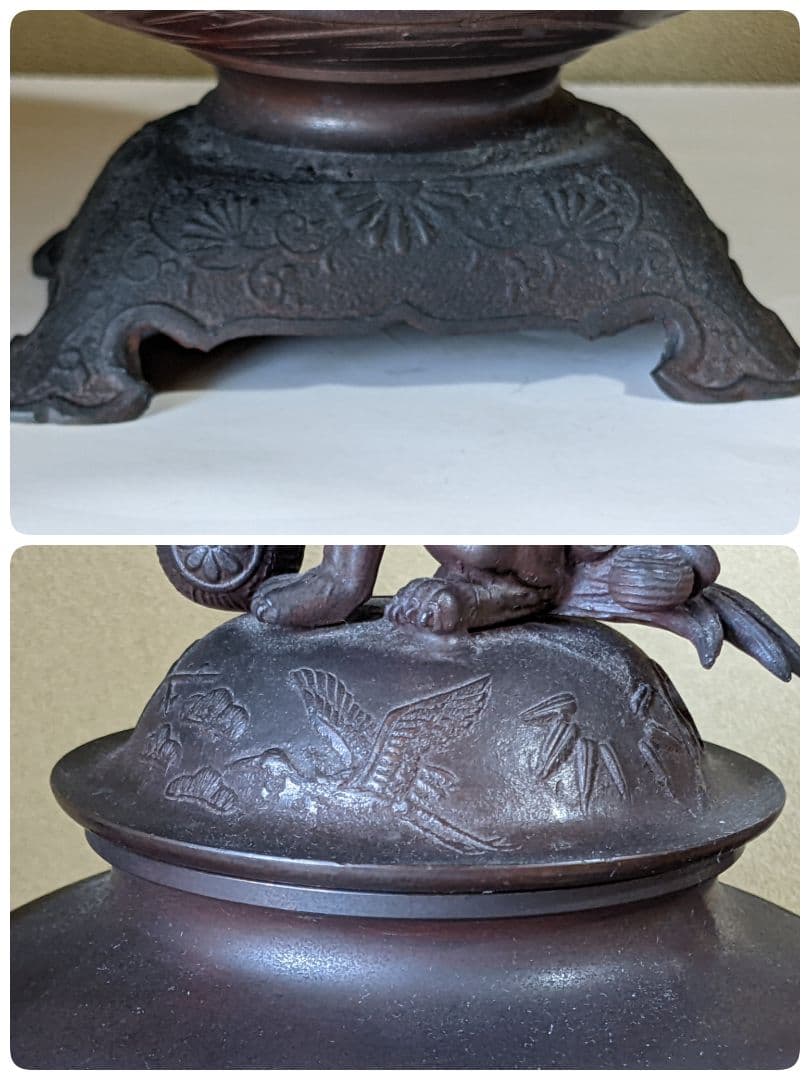 ♦高岡銅器 啓祐作 獅子飾り 鳳凰文 龍双耳 大香炉 唐銅 置物飾り 骨董品