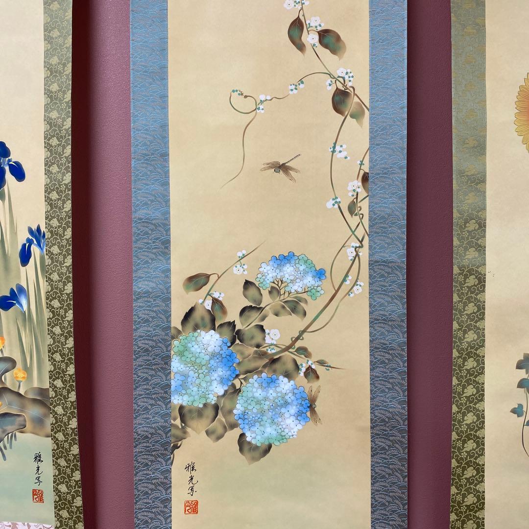 美品 掛け軸 酒井抱一写 十二カ月花鳥図 12本セット 永縄雅光作 収納箱付き