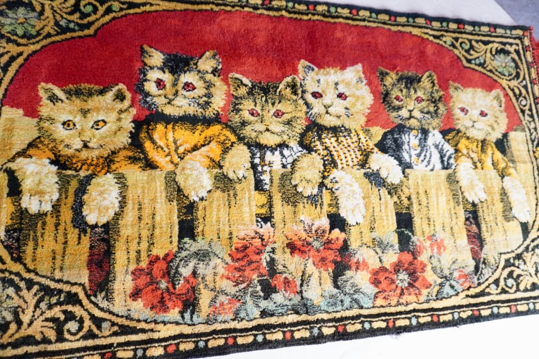 フランス ヴィンテージ 6匹の猫のタペストリー ラグ