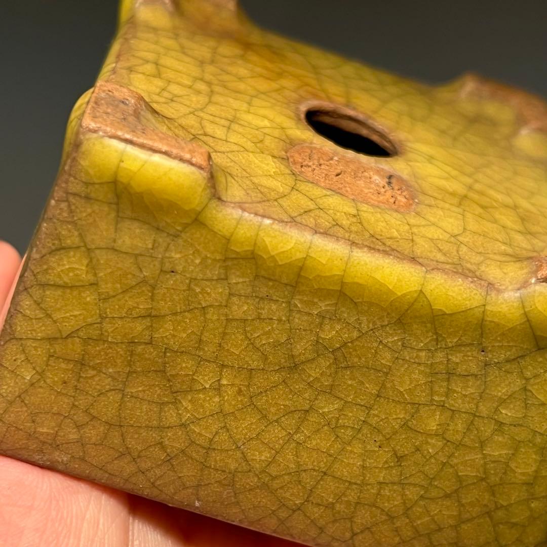 830.暁雲 黄貫入釉切立正方 盆栽鉢 植木鉢 8.2*8.2*4.9cm