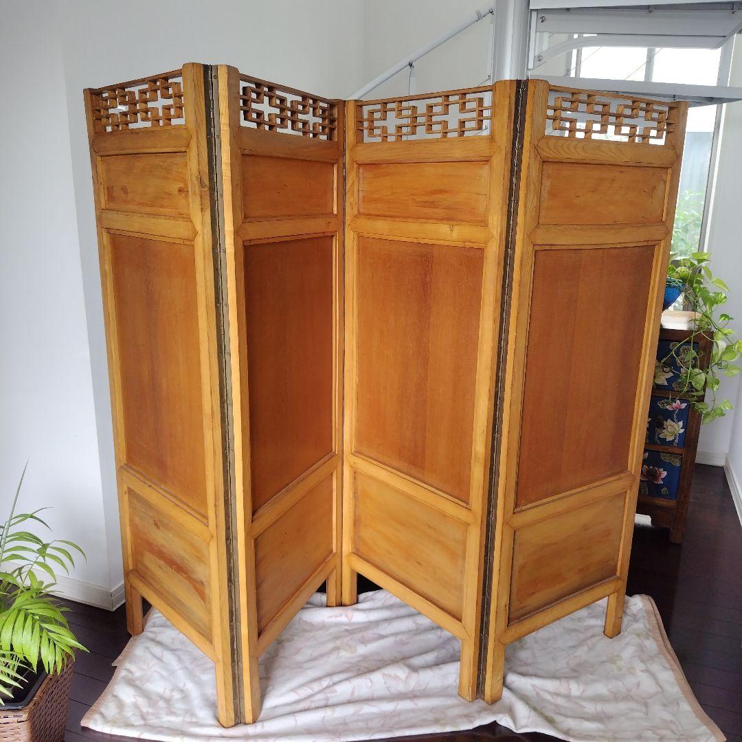 昭和レトロ当時物 美術骨董品 欅 木製衝立4面 水墨画 和モダン