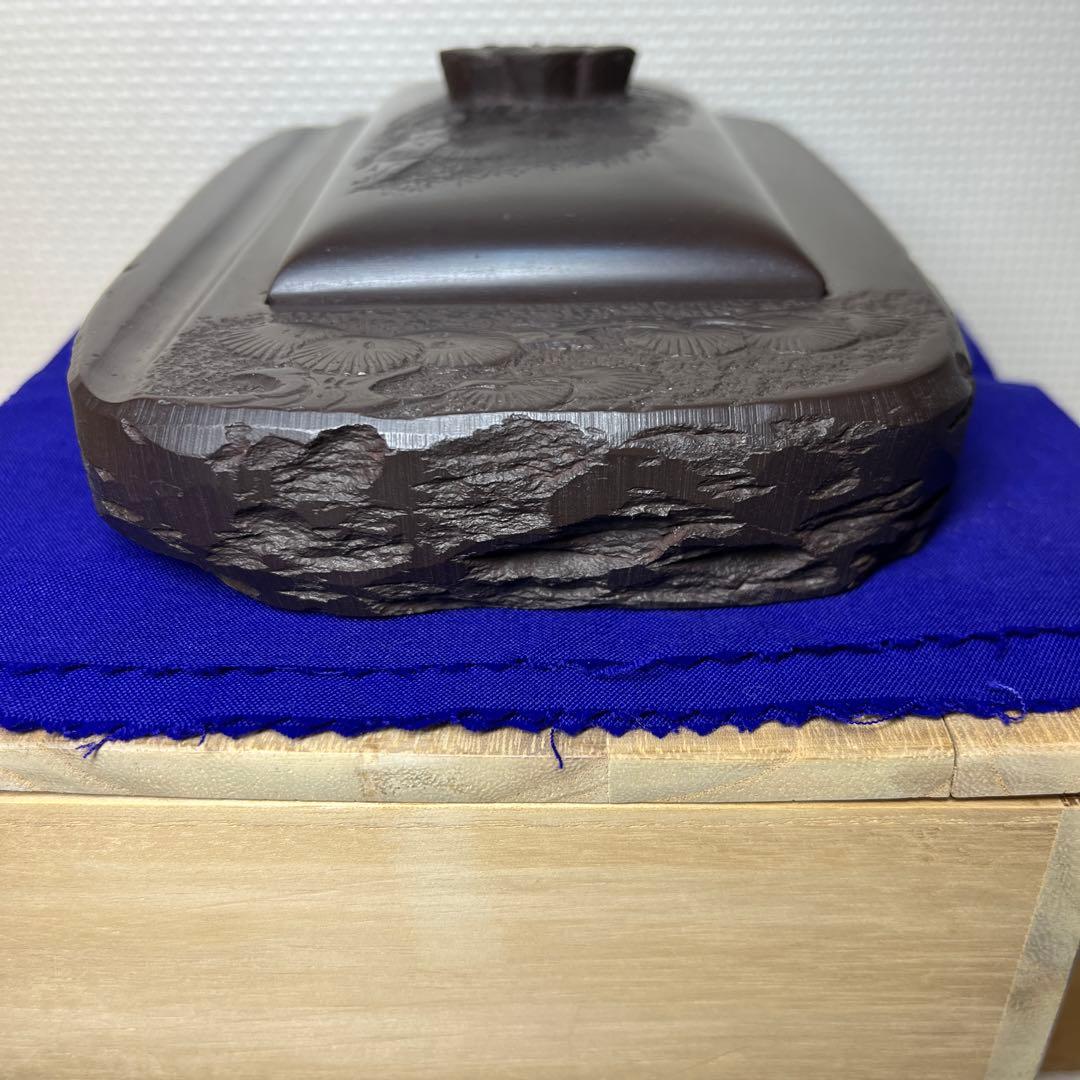 ⭕️赤間硯　石蓋付硯　長久松彫刻　大型硯　赤間硯　くすのき製硯　下井百合昭　昭竜山