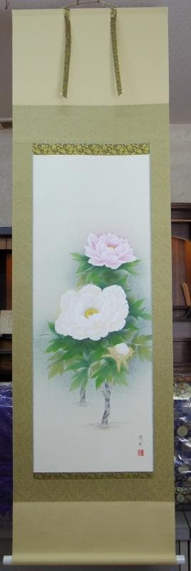 Ｂフライデー肉筆繊細なタッチの掛軸★鈴木優莉作 牡丹 尺五立★高さ：約189cm