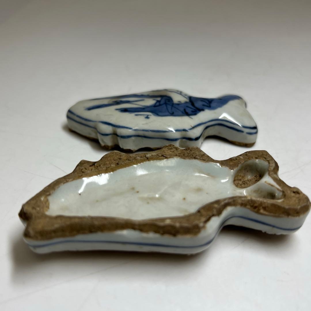 中国明時代　古染付魚文香合　木箱付　幅約9㎝　東Y8-0203①タルサ