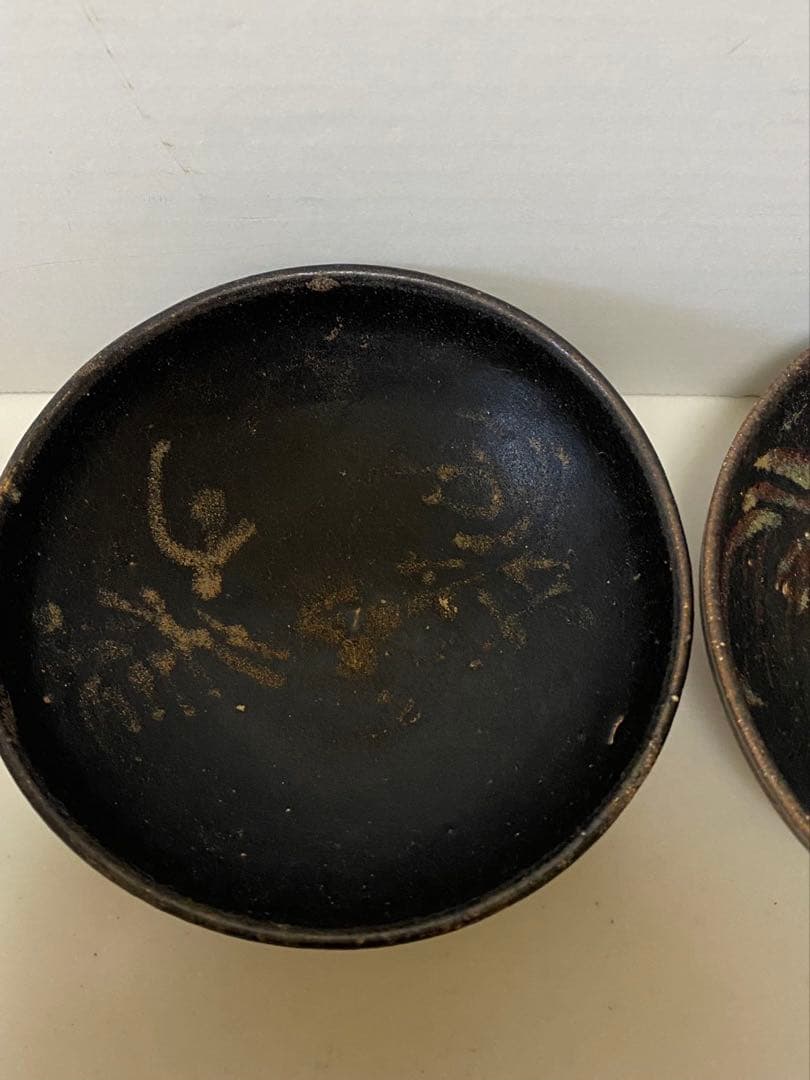 古美術 南宋吉州窯黑釉色彩繪雙鳳紋盞古玩 骨董