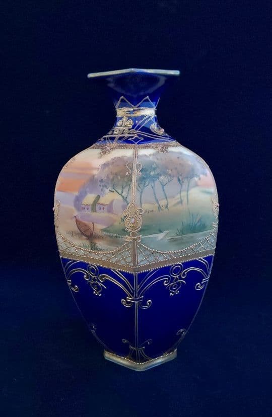 オールドノリタケ　コバルト　金盛　六角　花瓶