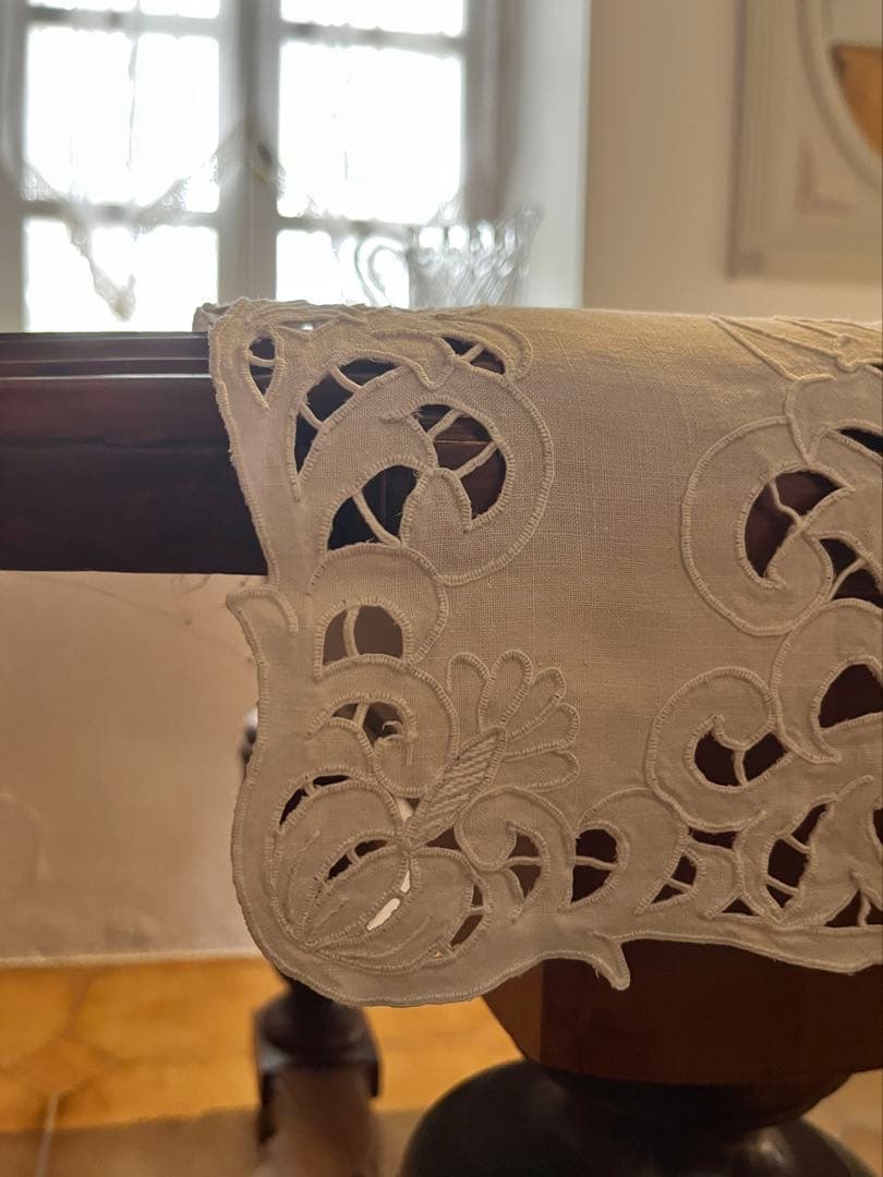 ◆フランスアンティーク｜超希少未使用手刺繍テーブルセンタークロス長方形長い白