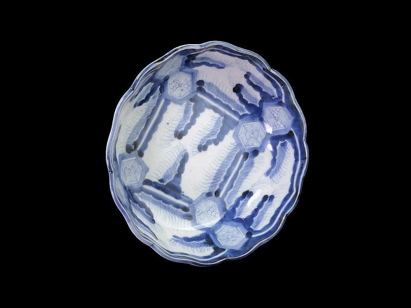 古伊万里　染付　亀甲紋に草花紋の図 膾皿　江戸期　D568AS-fbsx