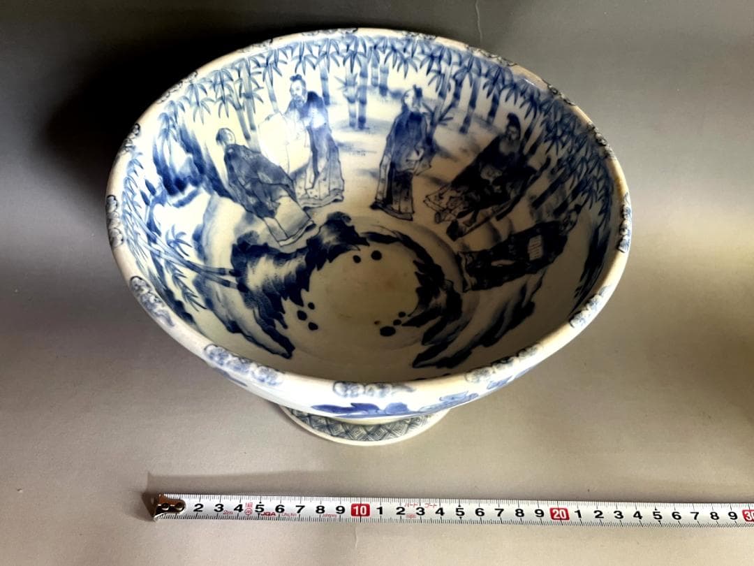 杯洗■古伊万里染付人物絵盃洗 江戸時代後期 竹 鳥 酒器 古美術 時代物 骨董■