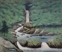 【真作】絵画　間宮正　日本画10号　黒沢渓瀑　静寂と癒しの一枚　共シール　V84
