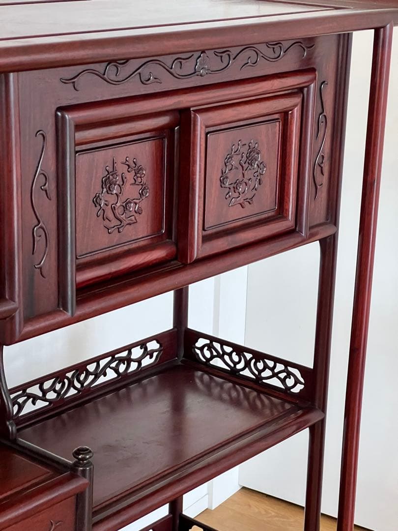 唐木 花梨 茶箪笥 飾り棚 茶棚 違い棚 和家具 木製 彫刻 アンティーク