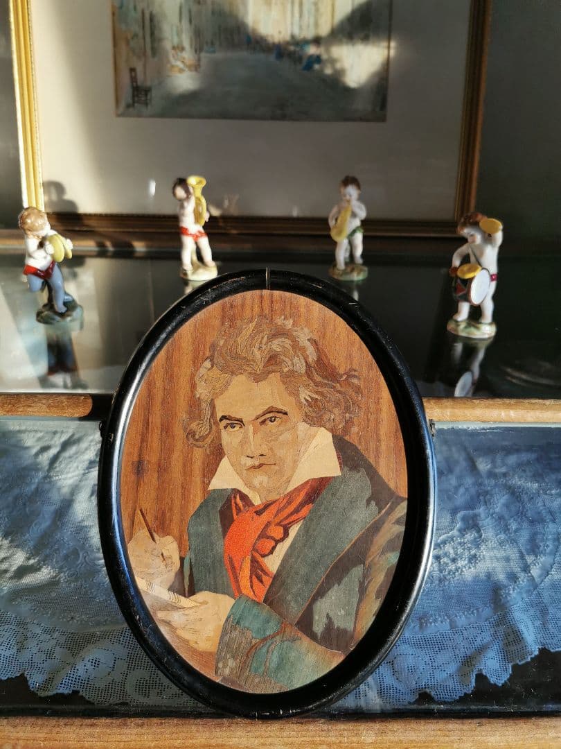アンティークドイツ ベートーヴェン 象嵌肖像画 マホガニー ブラックフレーム
