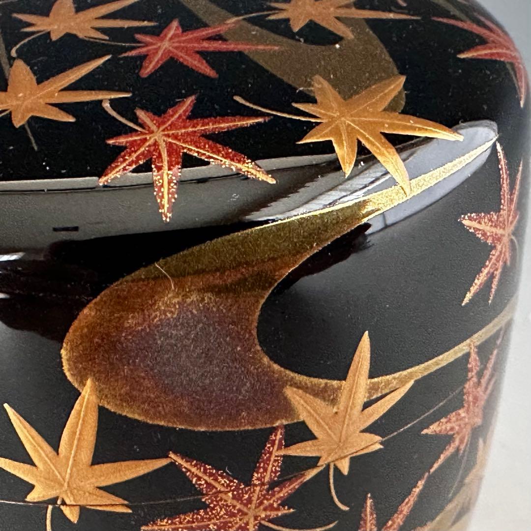 茶道具　竜田川蒔絵　内銀地　大棗　呉藤穣太郎　共箱　山中塗　漆芸　秋　紅葉　茶会